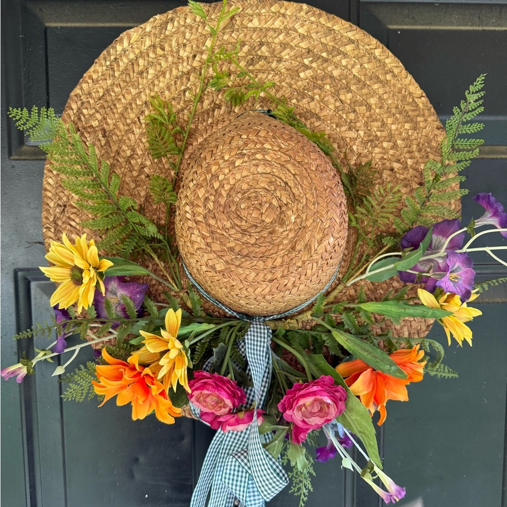 Straw Hat Floral Wreath with Colorful Flowers